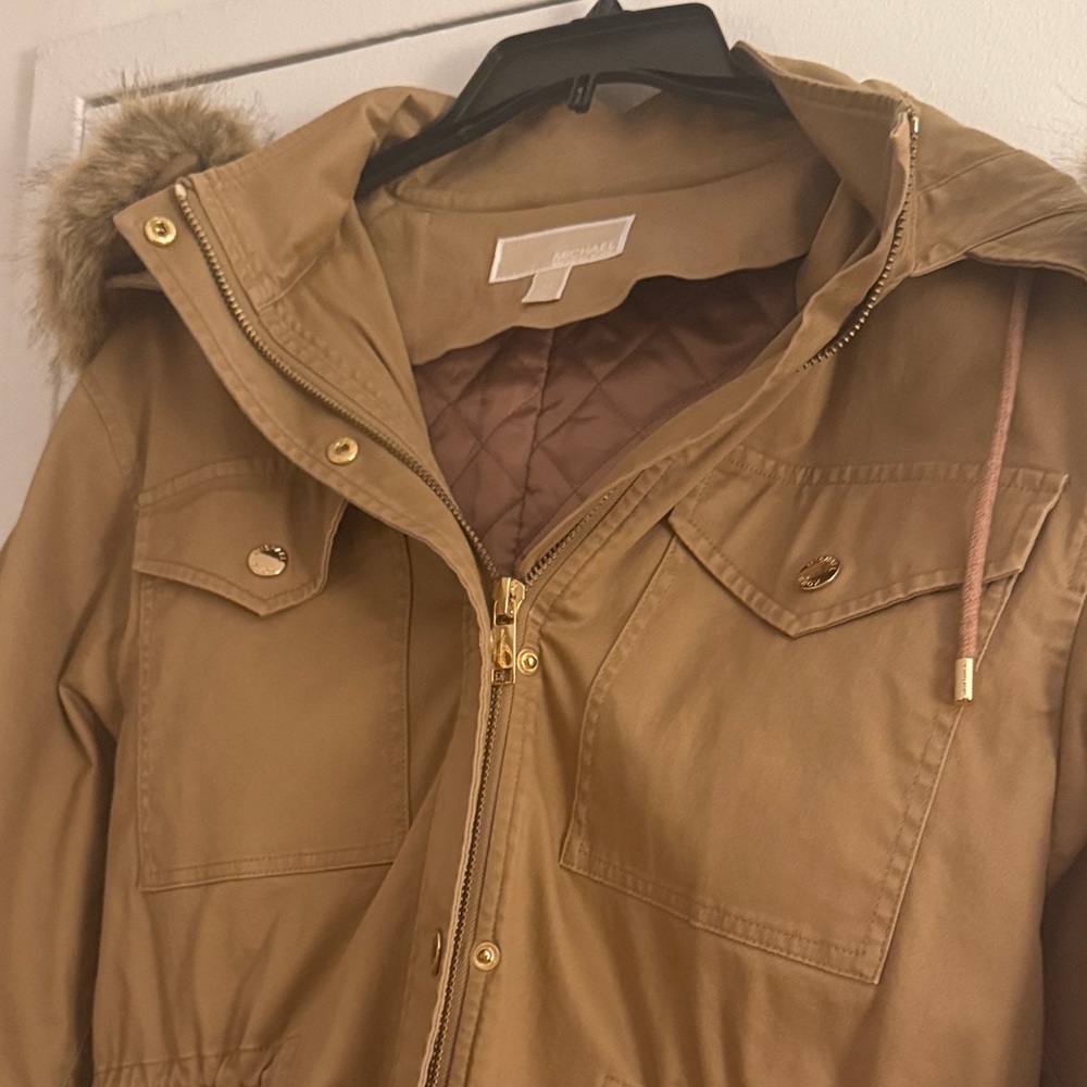 Michael Kors Women's Tan Parka Lined and Filled Coat with Faux Fur Trim - Picture 5 of 14
